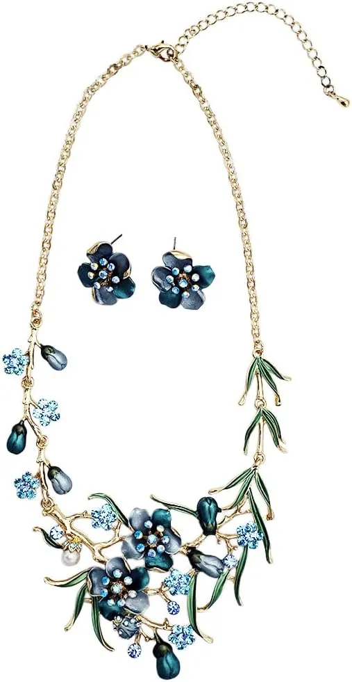Rosemarie & Jubalee Women's Stunning 3D Metal Flowers With Colorful Resin And Crystal Vine Necklace And Earrings Gift Set, 14" 3" Extension