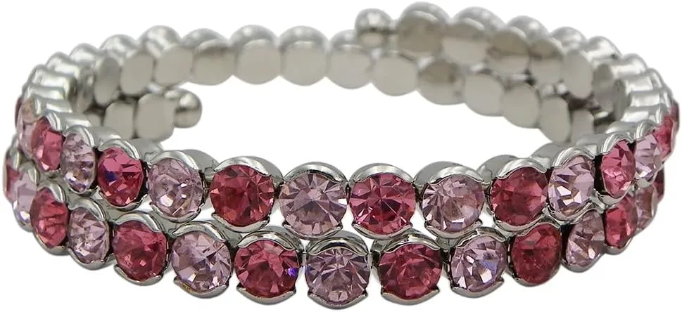 Rosemarie & Jubalee Women's Stunning Double Pink Crystal Rhinestone Flexible Silver Tone Coil Wrap Around Cuff Bracelet Barbie Costume Jewelry, 7.5"
