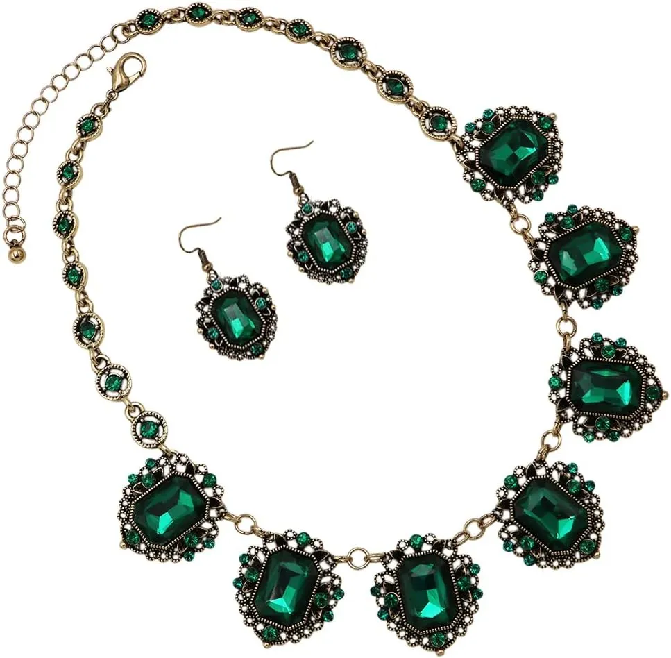 Rosemarie & Jubalee Women's Stunning Emerald Cut Crystals In Burnished Gold Tone Frames Statement Vintage Style Necklace Earrings Set, 18" 3" Extender