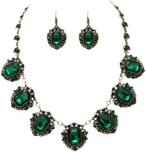 Rosemarie & Jubalee Women's Stunning Emerald Cut Crystals In Burnished Gold Tone Frames Statement Vintage Style Necklace Earrings Set, 18" 3" Extender