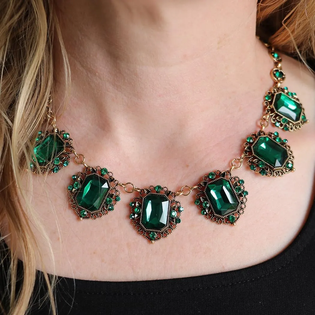 Rosemarie & Jubalee Women's Stunning Emerald Cut Crystals In Burnished Gold Tone Frames Statement Vintage Style Necklace Earrings Set, 18" 3" Extender