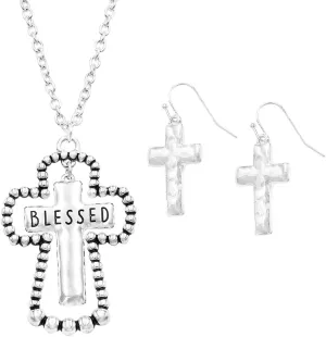 Rosemarie & Jubalee Women's Stunning Inspirational Religious Double Christian Cross With Blessed Pendant Necklace Earrings Easter Gift Set, 18" 3" Extender