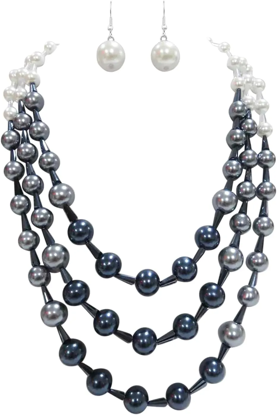 Rosemarie & Jubalee Women's Stunning Multi Strand Ombre Simulated Pearl And Crystal Necklace Earrings Jewelry Set, 18" 3" Extender