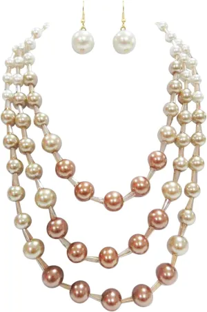 Rosemarie & Jubalee Women's Stunning Multi Strand Ombre Simulated Pearl And Crystal Necklace Earrings Jewelry Set, 18" 3" Extender