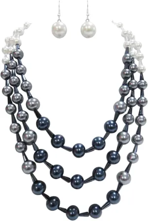 Rosemarie & Jubalee Women's Stunning Multi Strand Ombre Simulated Pearl And Crystal Necklace Earrings Jewelry Set, 18" 3" Extender