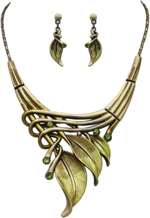 Rosemarie & Jubalee Women's Unbe-leaf-ably Stunning Crystal Rhinestone Accented Textured Metal Leaf Statement Necklace Earrings Set, 14" 3" Extender