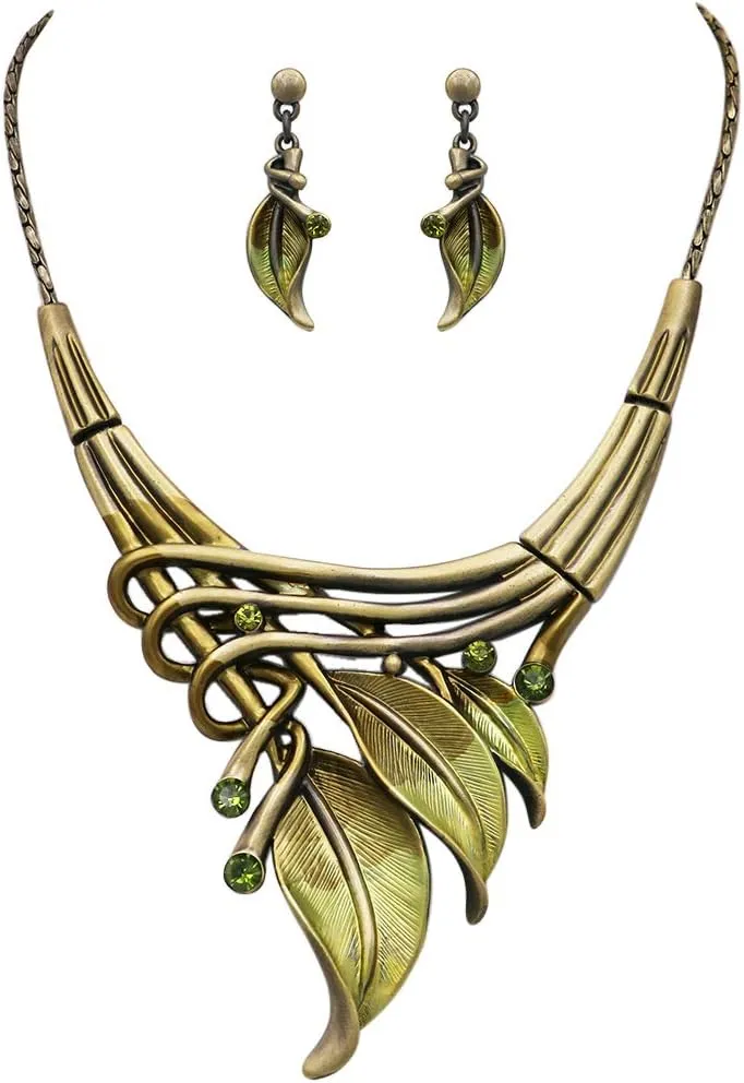 Rosemarie & Jubalee Women's Unbe-leaf-ably Stunning Crystal Rhinestone Accented Textured Metal Leaf Statement Necklace Earrings Set, 14" 3" Extender