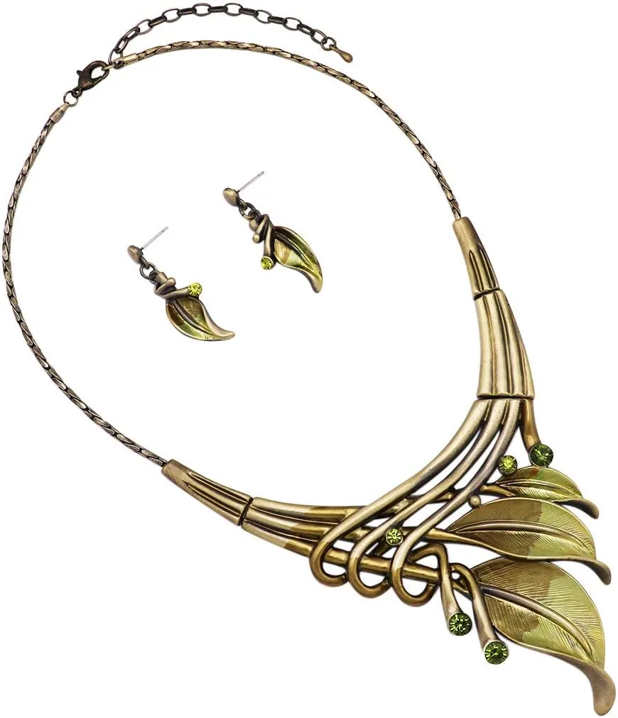 Rosemarie & Jubalee Women's Unbe-leaf-ably Stunning Crystal Rhinestone Accented Textured Metal Leaf Statement Necklace Earrings Set, 14" 3" Extender