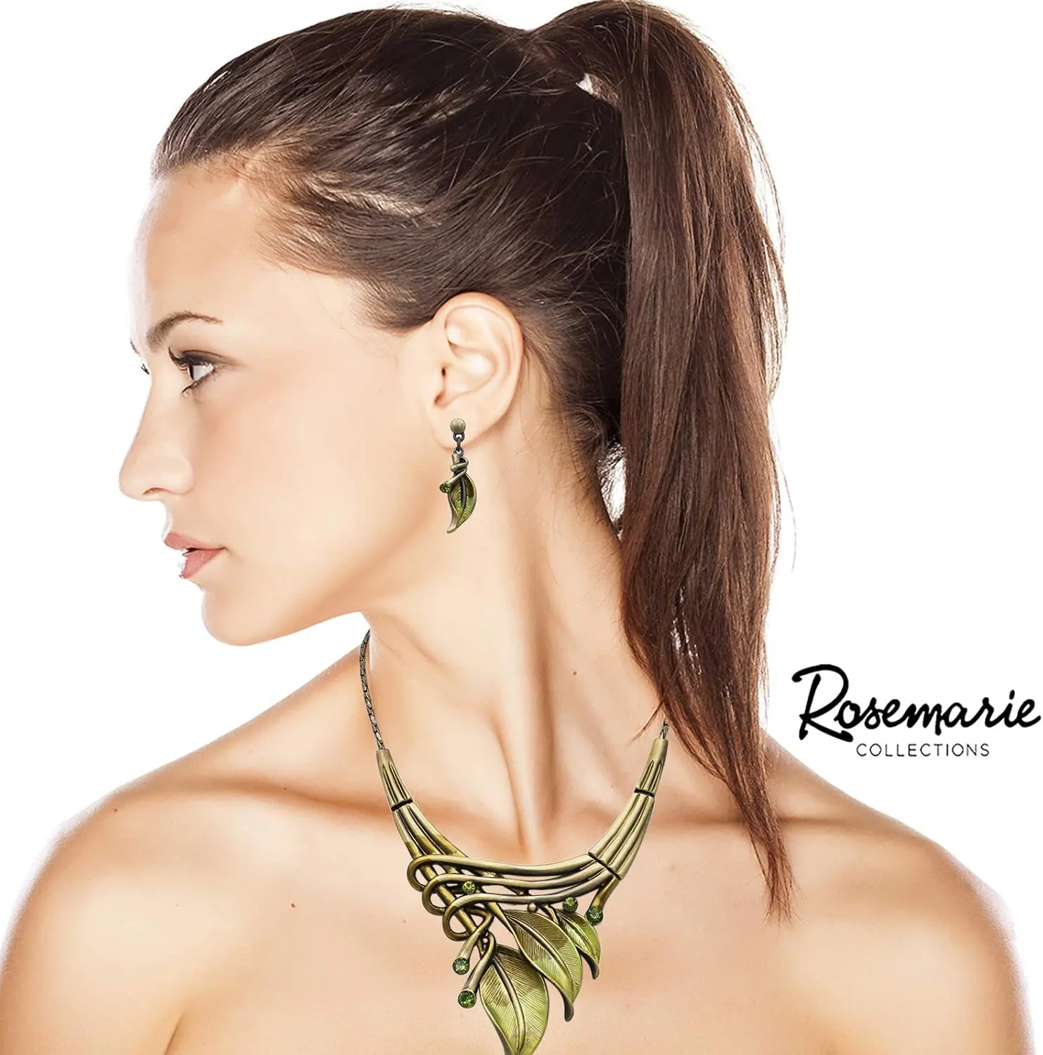 Rosemarie & Jubalee Women's Unbe-leaf-ably Stunning Crystal Rhinestone Accented Textured Metal Leaf Statement Necklace Earrings Set, 14" 3" Extender