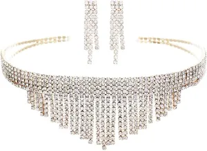 Rosemarie Collections Women's Stunning Crystal Rhinestone Fringe Choker Statement Necklace Hypoallergenic Earring Jewelry Set, 12.5" 5" Extender