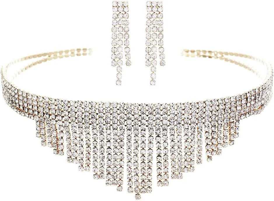 Rosemarie Collections Women's Stunning Crystal Rhinestone Fringe Choker Statement Necklace Hypoallergenic Earring Jewelry Set, 12.5" 5" Extender