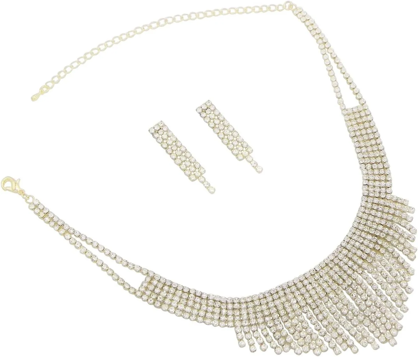Rosemarie Collections Women's Stunning Crystal Rhinestone Fringe Choker Statement Necklace Hypoallergenic Earring Jewelry Set, 12.5" 5" Extender