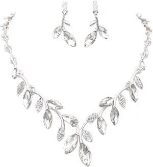 Rosemarie Collections Women's Stunning Polished Silver Tone Metal And Crystal Leaf Vine Bridal Necklace Dangle Earrings Jewelry Set, 17" 2.5" Extender