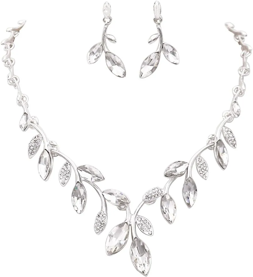 Rosemarie Collections Women's Stunning Polished Silver Tone Metal And Crystal Leaf Vine Bridal Necklace Dangle Earrings Jewelry Set, 17" 2.5" Extender