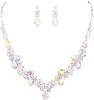 Rosemarie Collections Women's Stunning Rhinestone Crystal Teardrop Statement Necklace Hypoallergenic Drop Earrings Set, 15" 6" Extender
