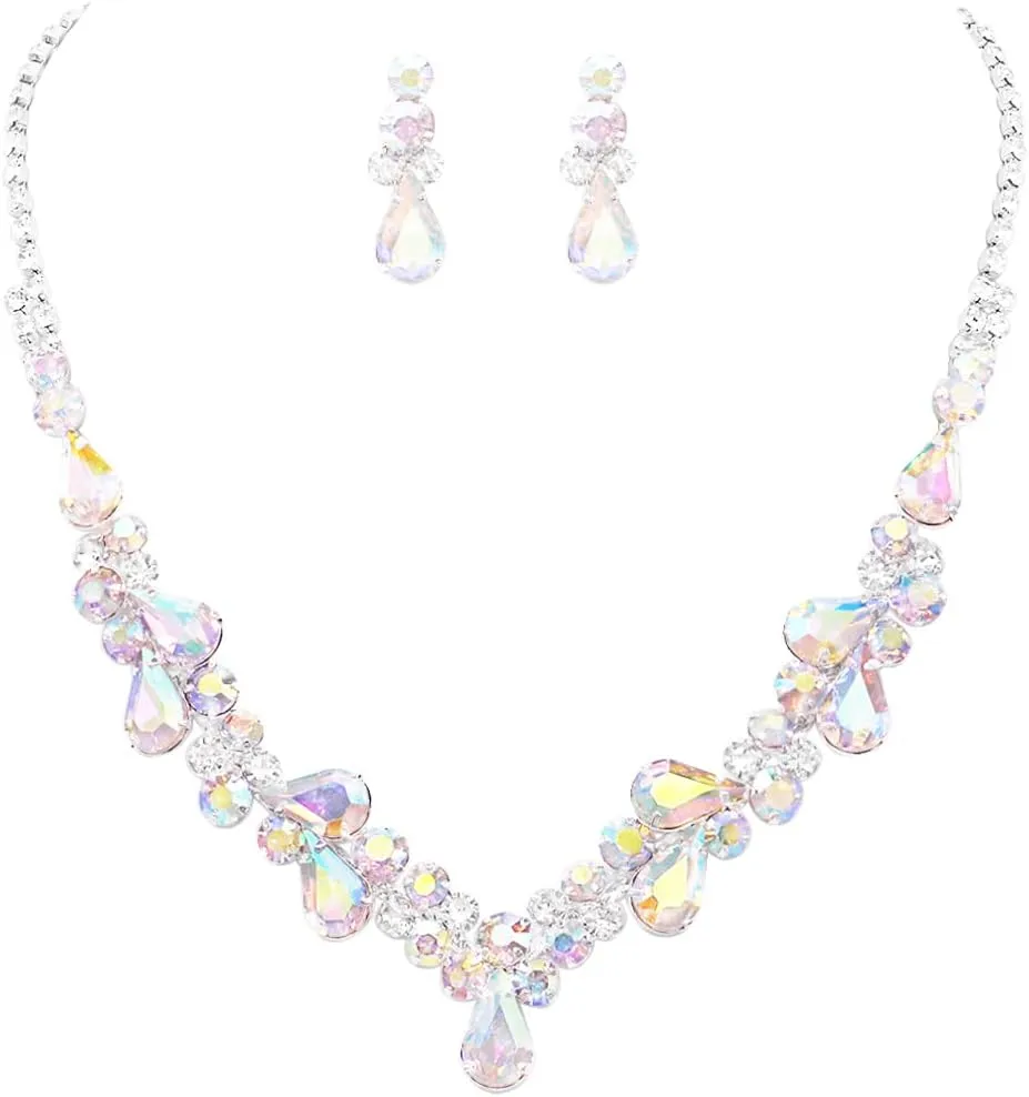 Rosemarie Collections Women's Stunning Rhinestone Crystal Teardrop Statement Necklace Hypoallergenic Drop Earrings Set, 15" 6" Extender