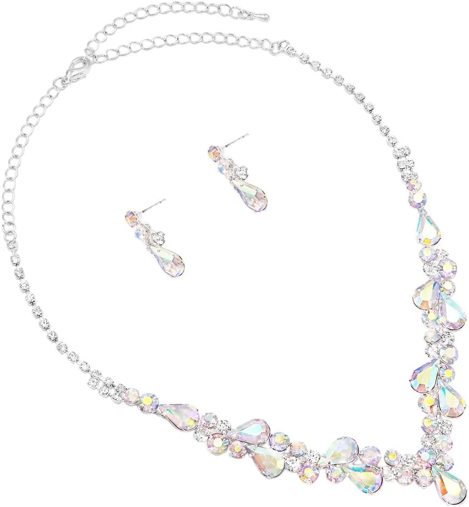 Rosemarie Collections Women's Stunning Rhinestone Crystal Teardrop Statement Necklace Hypoallergenic Drop Earrings Set, 15" 6" Extender