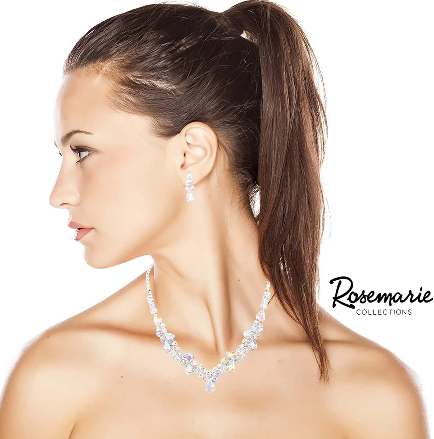 Rosemarie Collections Women's Stunning Rhinestone Crystal Teardrop Statement Necklace Hypoallergenic Drop Earrings Set, 15" 6" Extender