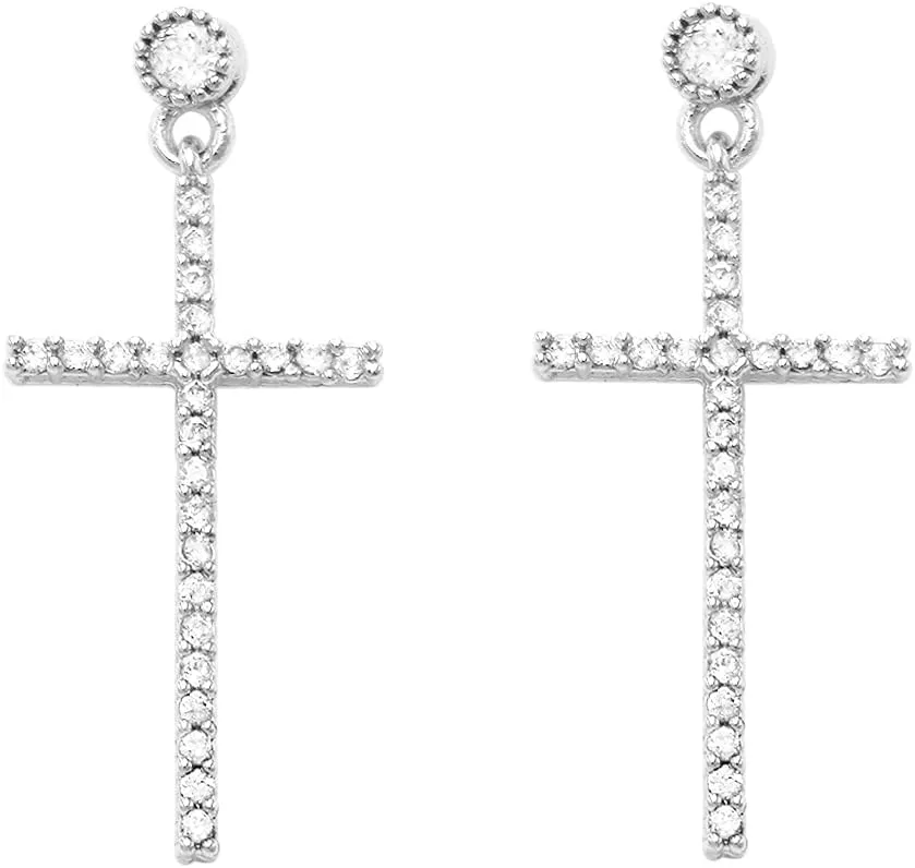 Rosemarie's Religious Gifts Women's Stunning 14K Gold Plated Cubic Zirconia Crystal Cross Hypoallergenic Post Back Dangle Earrings, 1.12"