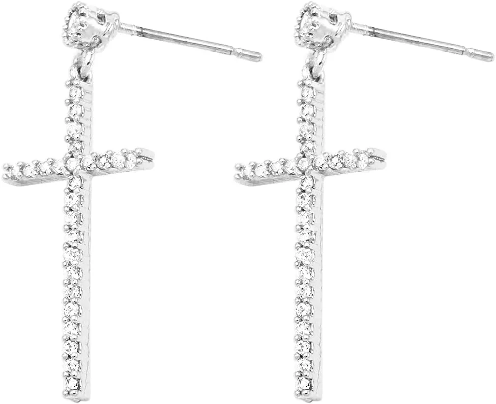 Rosemarie's Religious Gifts Women's Stunning 14K Gold Plated Cubic Zirconia Crystal Cross Hypoallergenic Post Back Dangle Earrings, 1.12"
