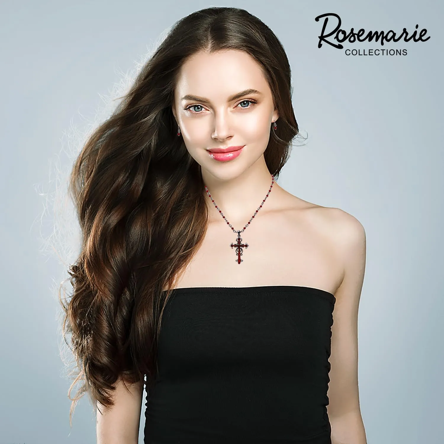 Rosemarie's Religious Gifts Women's Stunning Vintage Vibes Crystal Rhinestone Christian Cross Pendant Necklace Earrings Easter Gift Set, 18" 3" Extender