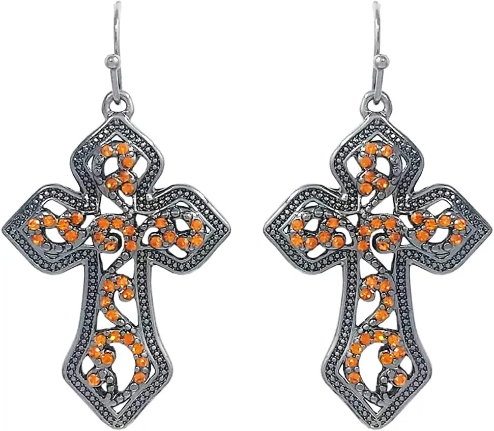 Rosemarie's Religious Gifts Women's Stunning Vintage Vibes Orange Topaz Crystal Rhinestone Christian Passion Cross Hematite Tone Easter Gift Jewelry