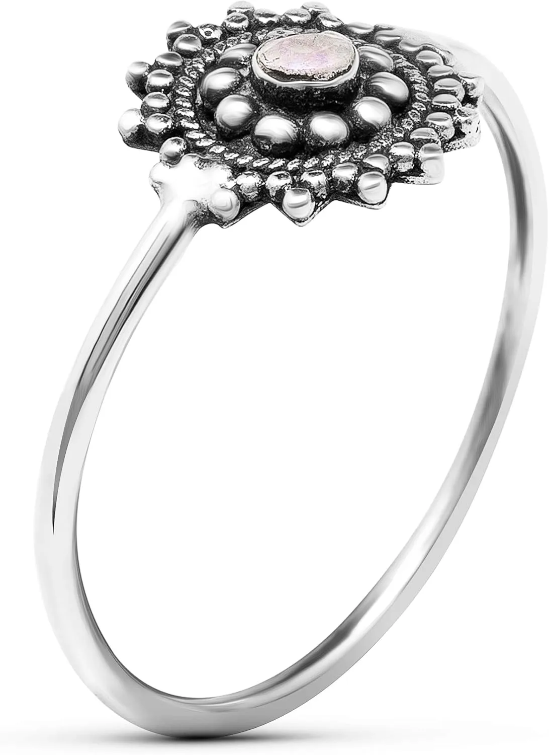 Round Moonstone 925 Sterling Silver Ring - Delicate BOHO Chic Jewelry - Fashionable and Stylish for Women with Velvet Gift Bag - Made by Indian Artisans - Size 5-10