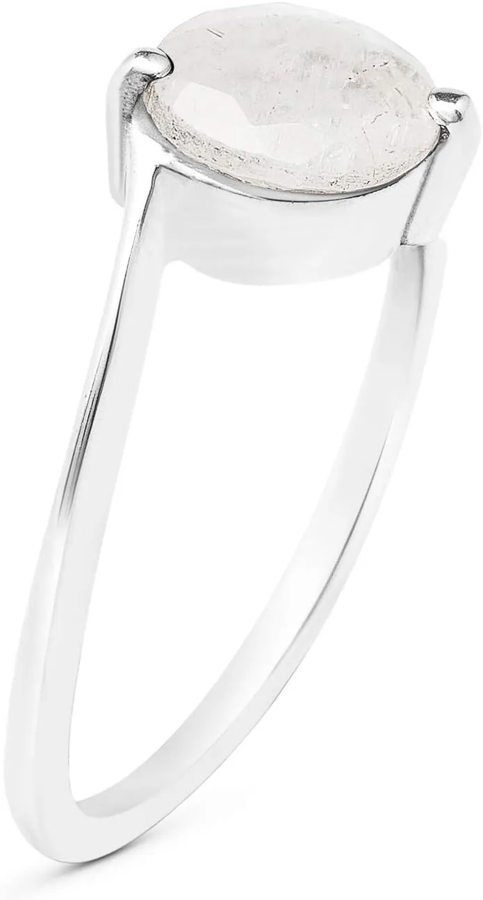 Round Moonstone 925 Sterling Silver Ring - Delicate BOHO Chic Jewelry - Fashionable and Stylish for Women with Velvet Gift Bag - Made by Indian Artisans - Size 5-10