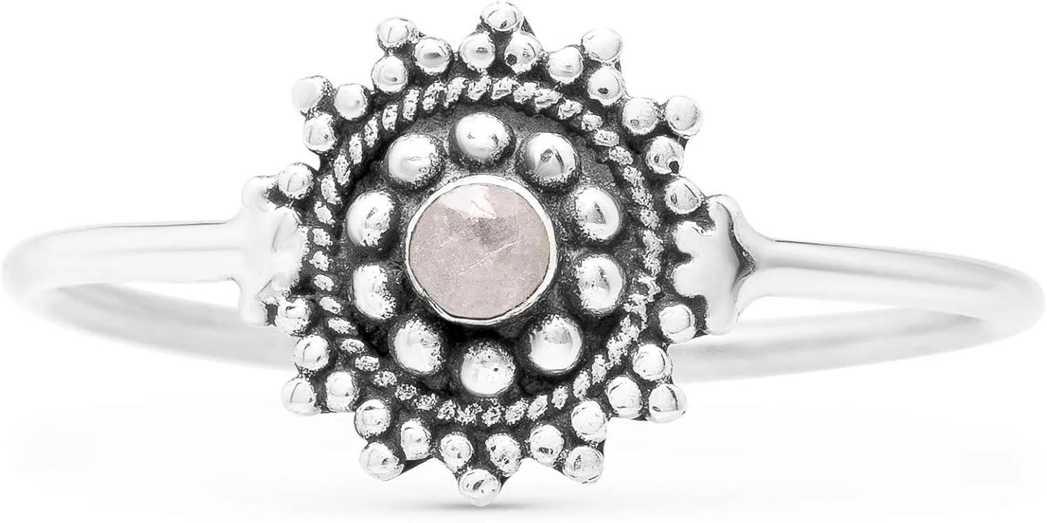 Round Moonstone 925 Sterling Silver Ring - Delicate BOHO Chic Jewelry - Fashionable and Stylish for Women with Velvet Gift Bag - Made by Indian Artisans - Size 5-10
