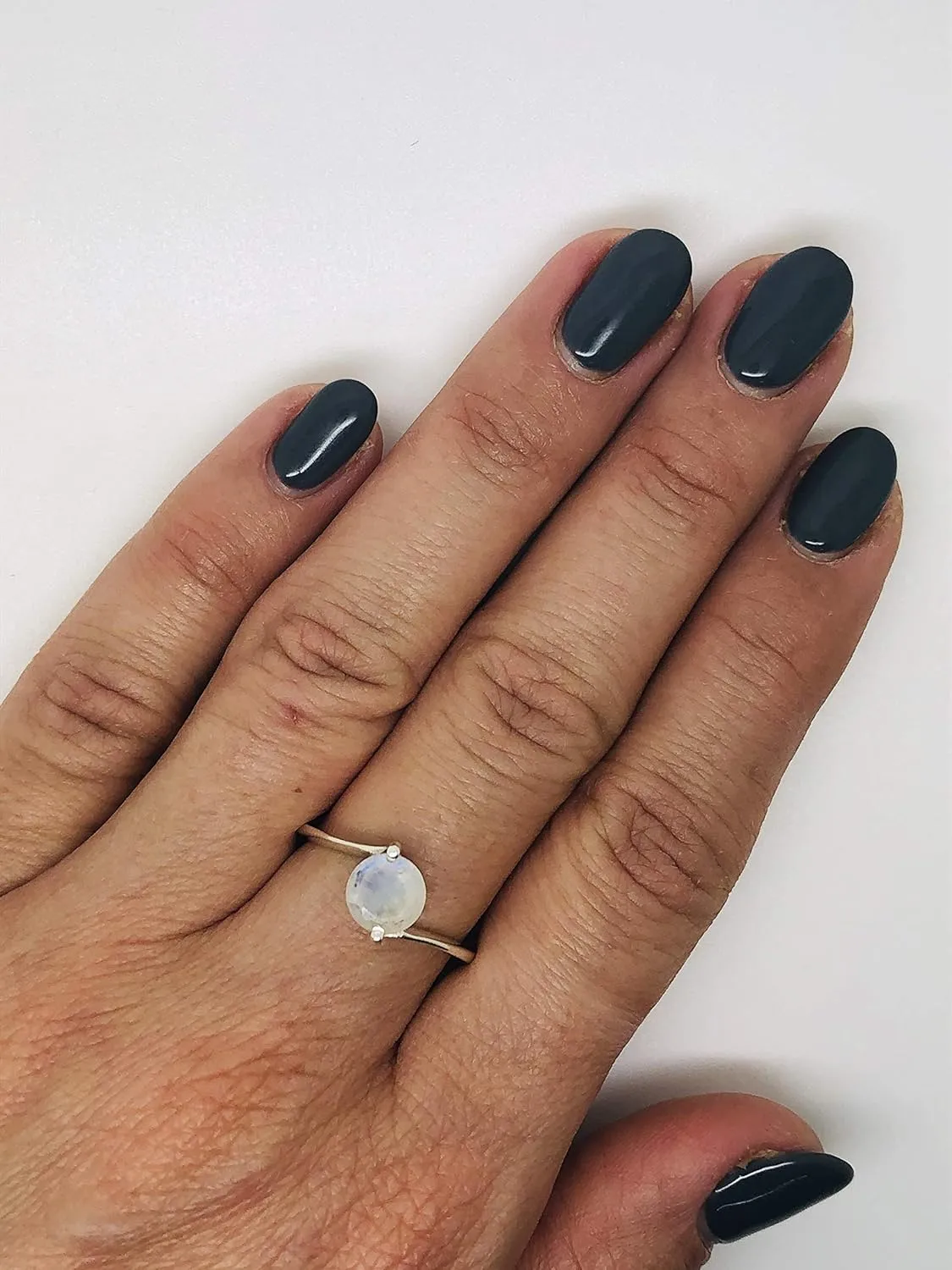 Round Moonstone 925 Sterling Silver Ring - Delicate BOHO Chic Jewelry - Fashionable and Stylish for Women with Velvet Gift Bag - Made by Indian Artisans - Size 5-10