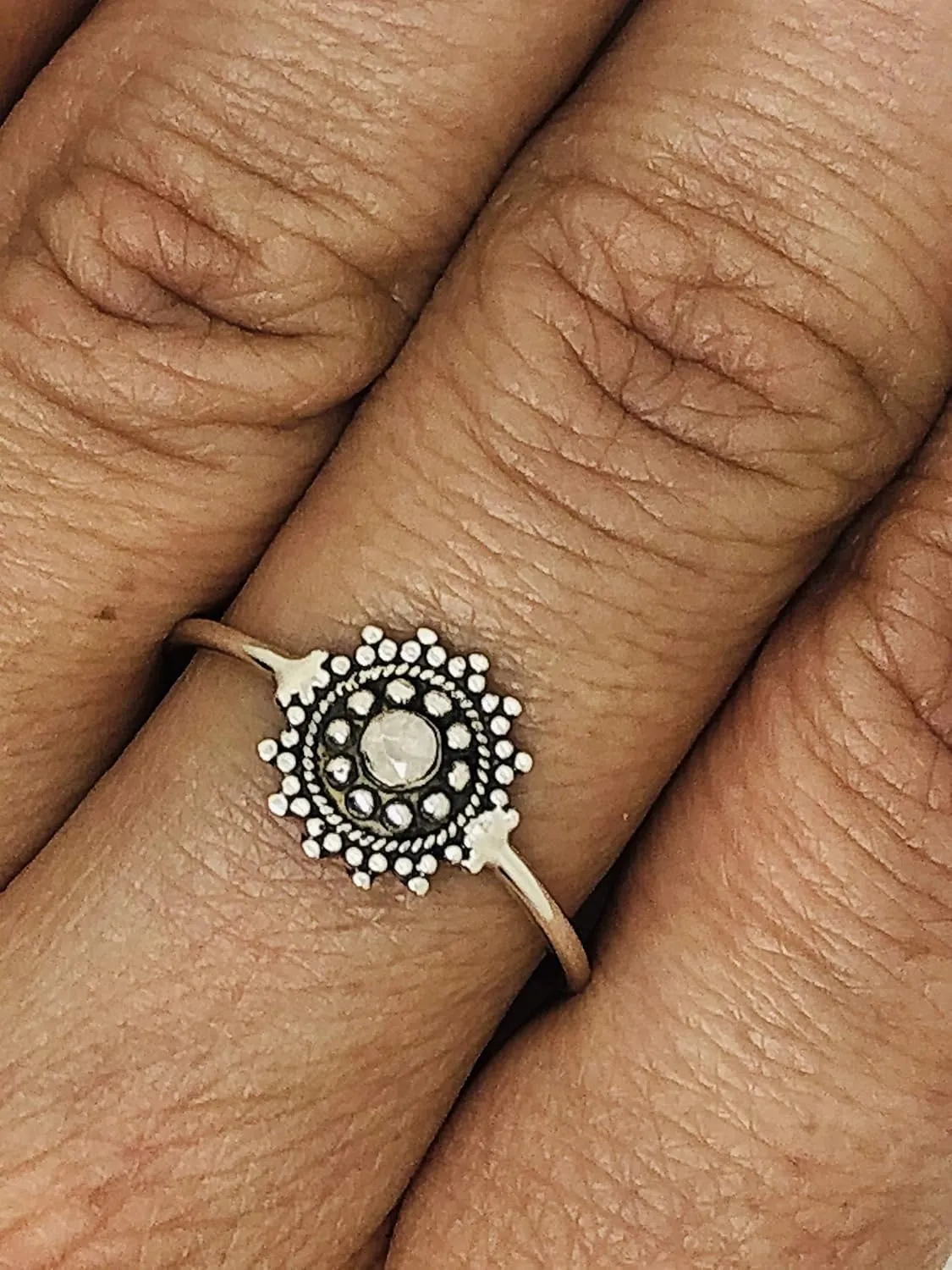 Round Moonstone 925 Sterling Silver Ring - Delicate BOHO Chic Jewelry - Fashionable and Stylish for Women with Velvet Gift Bag - Made by Indian Artisans - Size 5-10