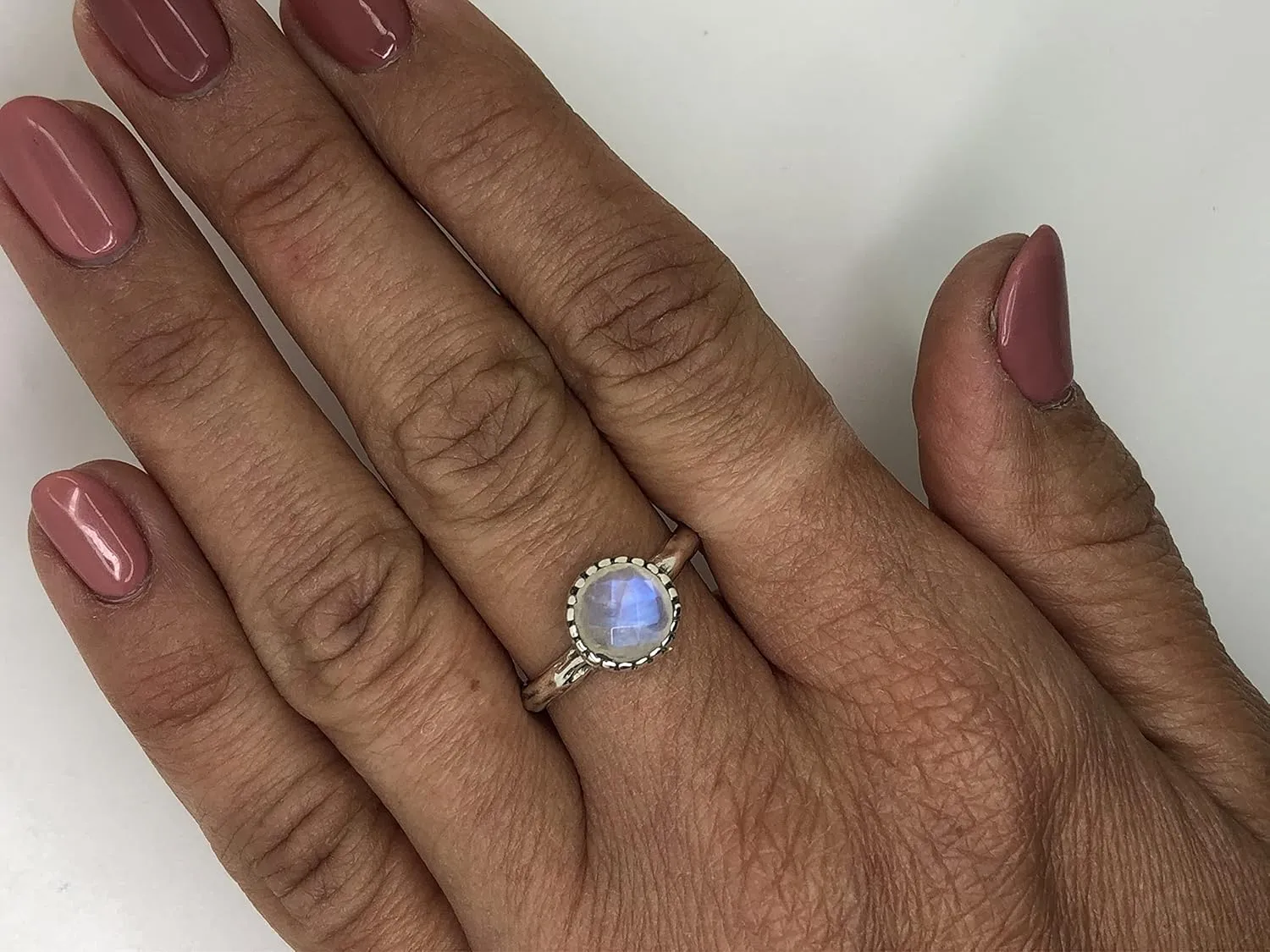 Round Moonstone 925 Sterling Silver Ring - Delicate BOHO Chic Jewelry - Fashionable and Stylish for Women with Velvet Gift Bag/Box - Made by Indian Artisans - Size 5-10