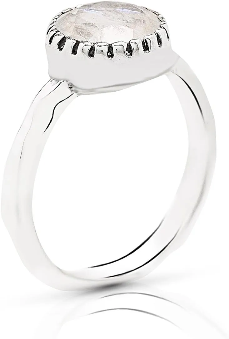 Round Moonstone 925 Sterling Silver Ring - Delicate BOHO Chic Jewelry - Fashionable and Stylish for Women with Velvet Gift Bag/Box - Made by Indian Artisans - Size 5-10