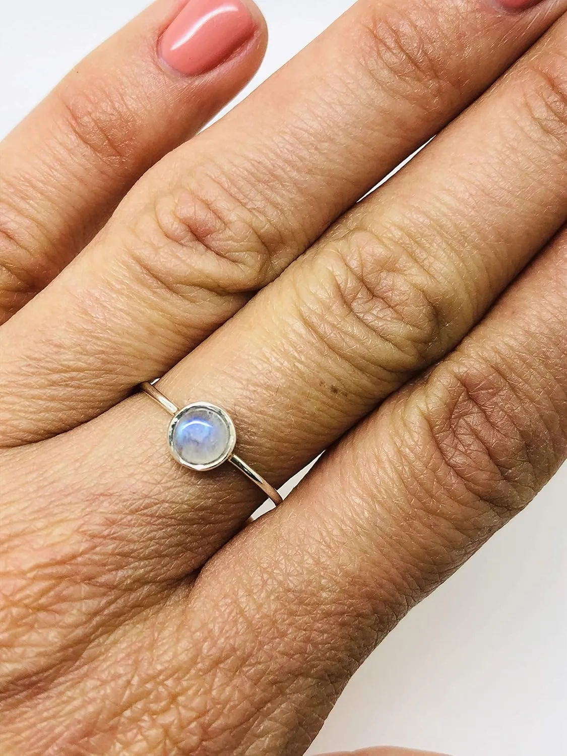 Round Moonstone 925 Sterling Silver Ring - Delicate BOHO Chic Jewelry - Fashionable and Stylish for Women with Velvet Gift Bag/Box - Made by Indian Artisans - Size 6-9