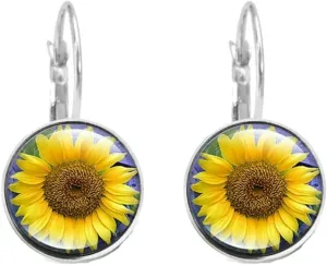 RUIZHEN Silver Transparent Glass Sunflower Drop Dangle Earrings Women Yellow Sunflower Earrings(A)