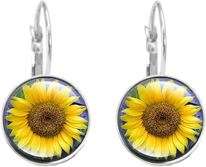 RUIZHEN Silver Transparent Glass Sunflower Drop Dangle Earrings Women Yellow Sunflower Earrings(A)