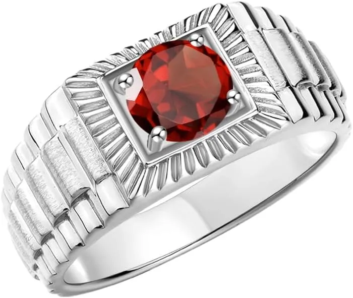 Rylos Men's Sterling Silver Gemstone Ring - Stunning 7MM Round Design, Birthstone Statement Piece for Men - Available in Sizes 8-13
