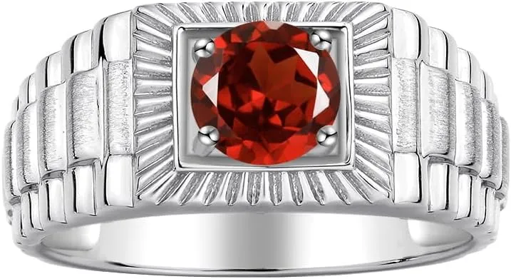 Rylos Men's Sterling Silver Gemstone Ring - Stunning 7MM Round Design, Birthstone Statement Piece for Men - Available in Sizes 8-13
