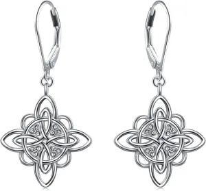 S925 Sterling Silver Celtic Knot Earrings for Women Irish Good Luck Drop Dangle Hook Earrings