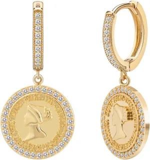 SANNYRA Gold Coin Earrings, Gold Huggie Dangle Earrings for Women, 14K Gold Plated Charm Dainty Hoop Jewelry