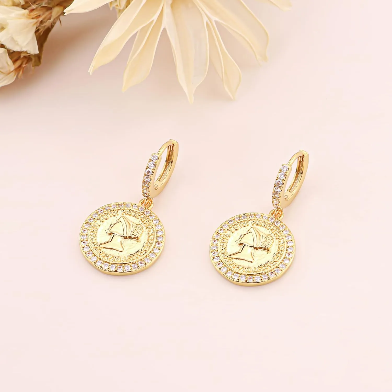 SANNYRA Gold Coin Earrings, Gold Huggie Dangle Earrings for Women, 14K Gold Plated Charm Dainty Hoop Jewelry