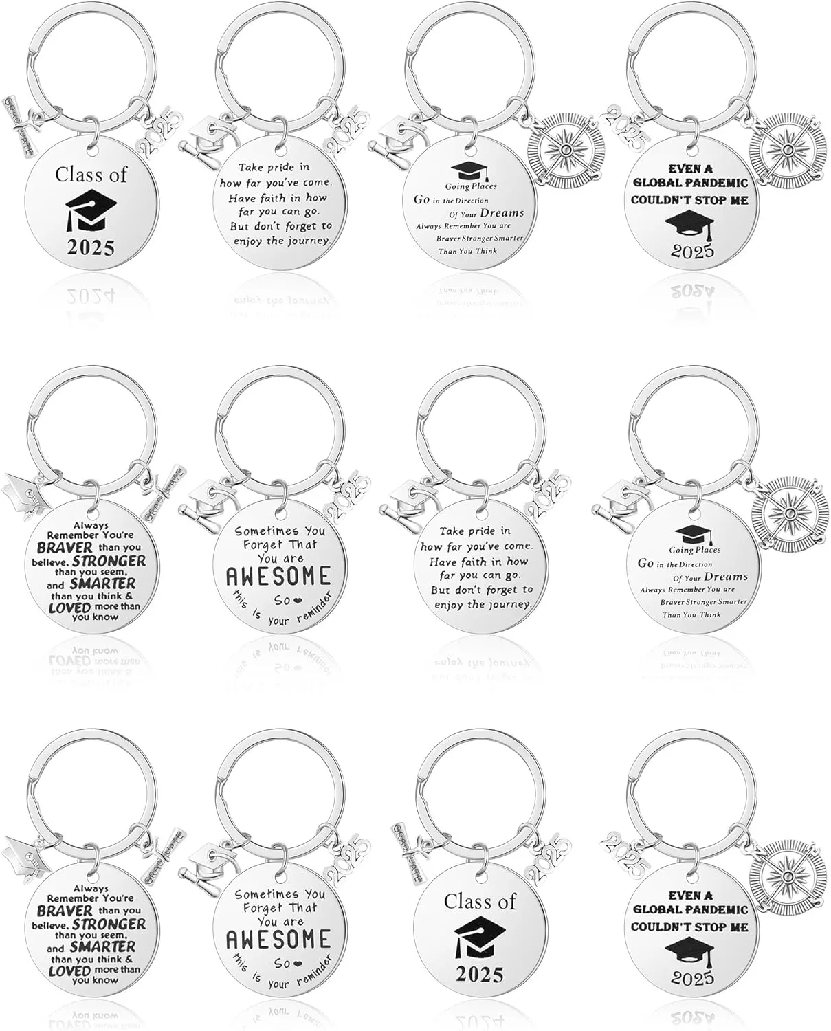 Sasylvia 12 Pcs 2025 Graduation Compass Keychain Inspirational Gift with Motivational Quote Go in the Direction of Your Dream(Stylish)
