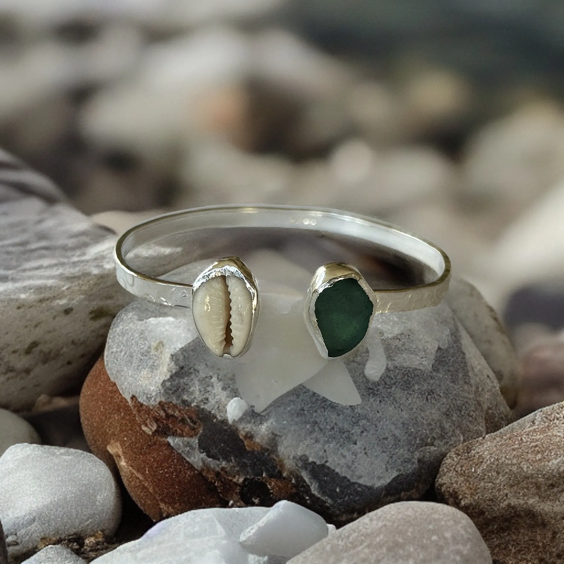 Sea Glass Seashell  Cuff Bangle