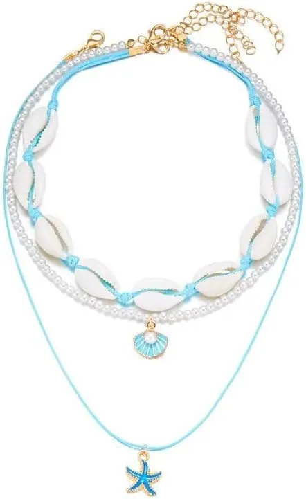 Sea Shell Beaded Choker Necklace Layered Imitaion Pearl Rice Beads Shell Charm Necklaces Boho Beach Summer Ocean Vacation Hawaii Jewelry Gifts