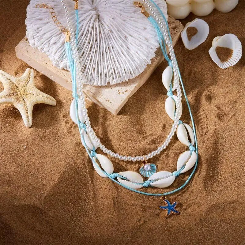 Sea Shell Beaded Choker Necklace Layered Imitaion Pearl Rice Beads Shell Charm Necklaces Boho Beach Summer Ocean Vacation Hawaii Jewelry Gifts
