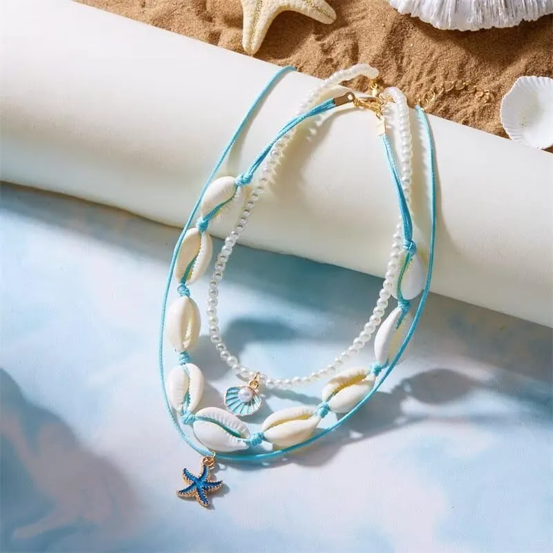 Sea Shell Beaded Choker Necklace Layered Imitaion Pearl Rice Beads Shell Charm Necklaces Boho Beach Summer Ocean Vacation Hawaii Jewelry Gifts