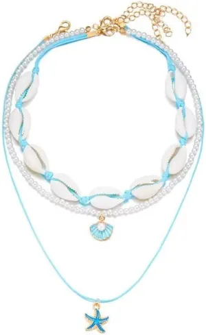 Sea Shell Beaded Choker Necklace Layered Imitaion Pearl Rice Beads Shell Charm Necklaces Boho Beach Summer Ocean Vacation Hawaii Jewelry Gifts
