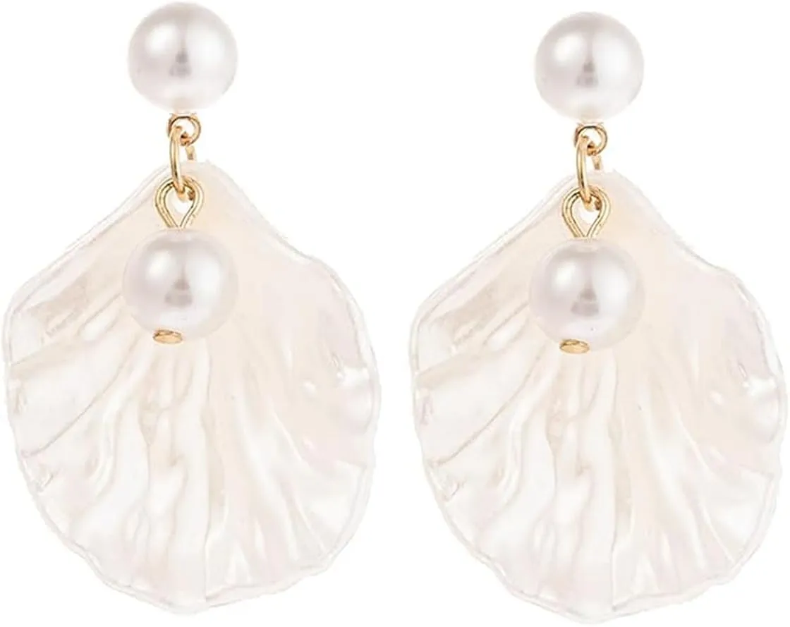 Seashell Pearl Earrings for Women Double Layer Shell Pearl Dangle Earrings Acrylic Lightweight Seashell Stud Earrings Cute Pearl Seashell Beach Drop Earrings Summer Holiday Costume Jewelry Accessories