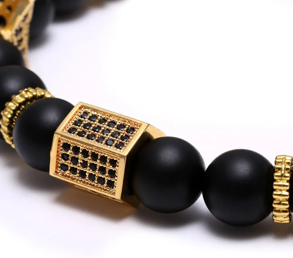 SEVENSTONE 8mm Crown King Charm Bracelet for Men Women Black Matte Onyx Stone Beads, 7.5"