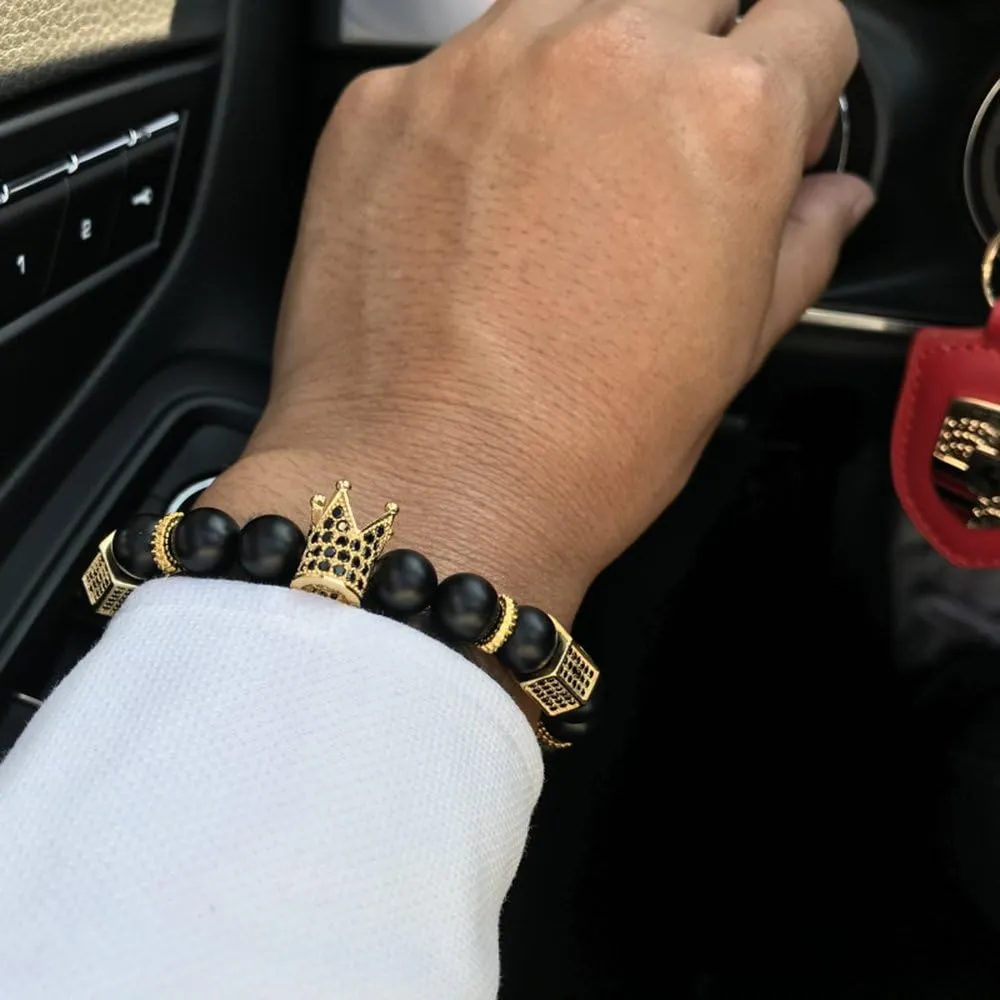 SEVENSTONE 8mm Crown King Charm Bracelet for Men Women Black Matte Onyx Stone Beads, 7.5"